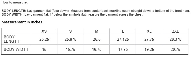 Ladies T-Shirt Sizing Chart